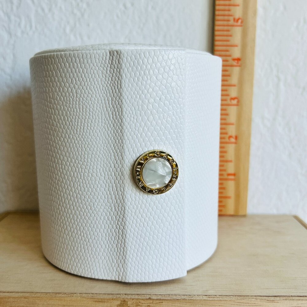 BVLGARI Embossed Leather Round White Jewelry Box, Mother of Pearl, Luxury